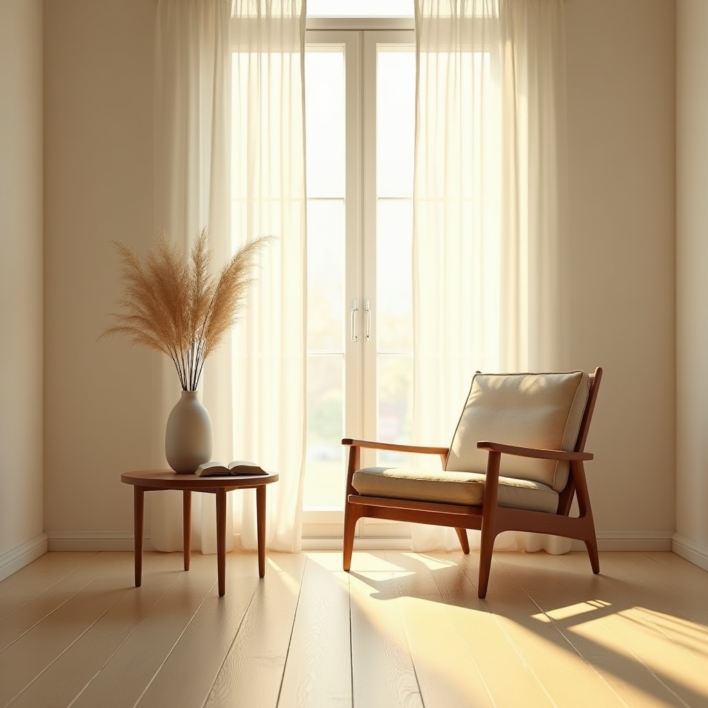 Bright minimalist room with a single chair, open window with natural light streaming in, a book open on a side table, calm and contemplative atmosphere