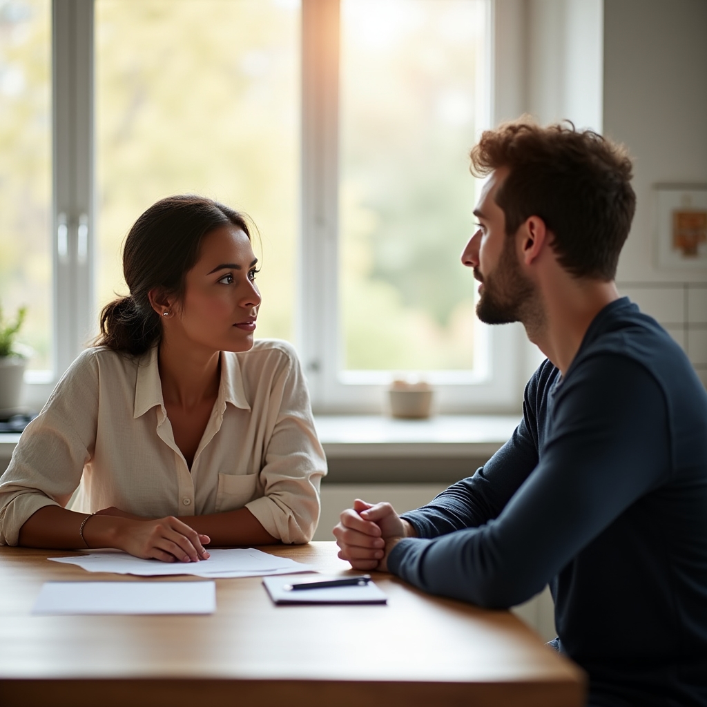 Couple having a calm conversation about finances at a bright kitchen table