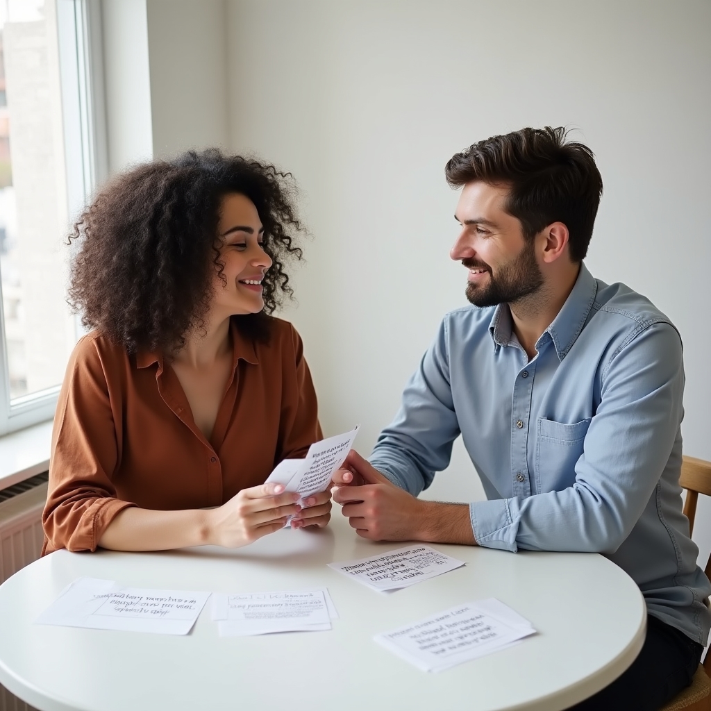 Young couple at a dining table with printed conversation format cards between them, both looking engaged and calm