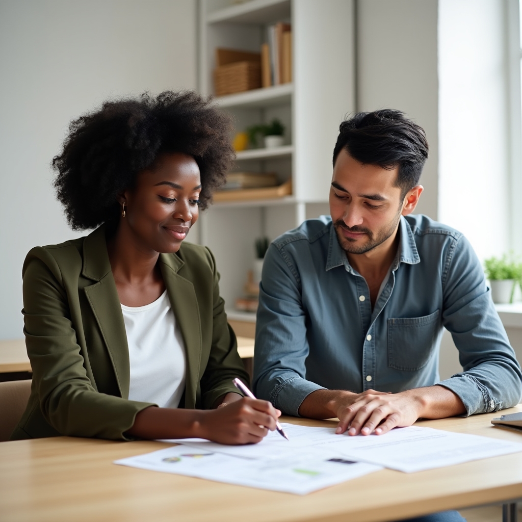 Diverse couple sitting together at a table with papers and a laptop, looking thoughtful and engaged in planning