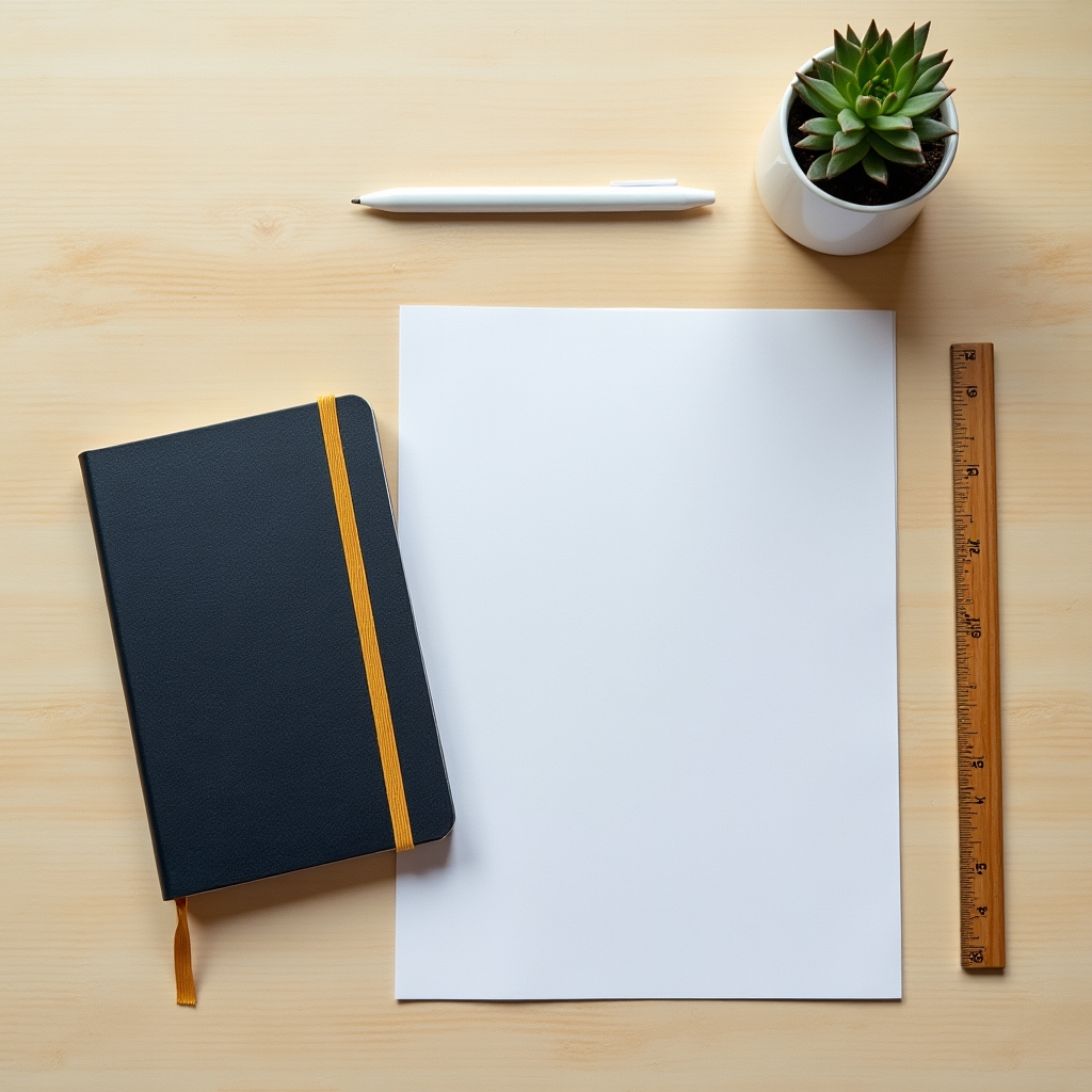 Organized workspace with course materials, a clean notebook and warm desk lamp on a light wooden surface